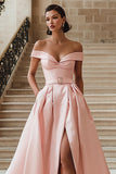White Off the Shoulder Sweep Train A Line Wedding Dress with Slit