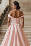 White Off the Shoulder Sweep Train A Line Wedding Dress with Slit