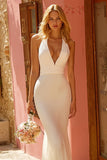 Simple Ivory Mermaid Halter Sweep Train Wedding Dress