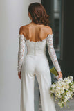 White Off the Shoulder Long Sleeves Bridal Jumpsuits with Pockets