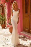 Ivory Spaghetti Straps Mermaid Floor-Length Wedding Dress with Bows