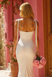 Ivory Spaghetti Straps Mermaid Floor-Length Wedding Dress with Bows