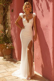 Simple Ivory Sweep Train Mermaid Wedding Dress with Slit