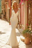 Ivory Mermaid V-Neck Sweep Train Wedding Dress with Sleeves