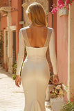 Ivory Mermaid V-Neck Sweep Train Wedding Dress with Sleeves