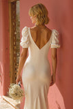 White Short Sleeves Sweep Train Mermaid Wedding Dress with Slit