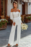 White Lace Strapless Bridal Jumpsuits with Sleeves