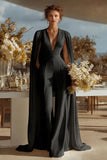 Ivory Satin Deep V-Neck Bridal Jumpsuits with Cape