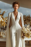 Ivory Satin Deep V-Neck Bridal Jumpsuits with Cape