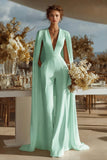 Ivory Satin Deep V-Neck Bridal Jumpsuits with Cape