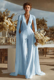 Ivory Satin Deep V-Neck Bridal Jumpsuits with Cape