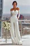 White Sweetheart Satin Bridal Jumpsuits with Lace