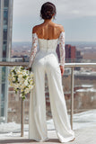 White Sweetheart Satin Bridal Jumpsuits with Lace