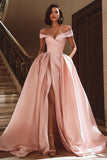 White A Line Satin Off the Shoulder Sweep Train Wedding Dress with Slit