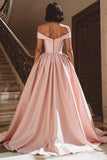 White A Line Satin Off the Shoulder Sweep Train Wedding Dress with Slit