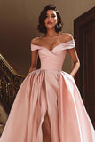 White A Line Satin Off the Shoulder Sweep Train Wedding Dress with Slit