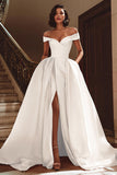 White A Line Satin Off the Shoulder Sweep Train Wedding Dress with Slit