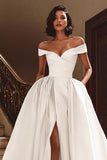 White A Line Satin Off the Shoulder Sweep Train Wedding Dress with Slit