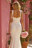 White Thick Straps Floor-Length Mermaid Wedding Dress with Rhinestone