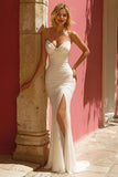 Ivory Spaghetti Straps Mermaid Floor-Length Wedding Dress with Slit