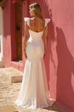 White Cap Sleeves Ruched Mermaid Floor-Length Wedding Dress with Slit