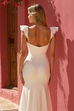 White Cap Sleeves Ruched Mermaid Floor-Length Wedding Dress with Slit