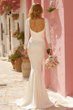 White Mermaid Ruched V-Neck Sweep Train Wedding Dress with Sleeves