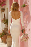 White Mermaid Ruched V-Neck Sweep Train Wedding Dress with Sleeves