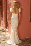 Ivory Mermaid V-Neck Ruched Floor-Length Wedding Dress with Slit