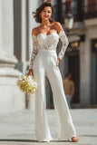 White Sweetheart Appliqued Bridal Jumpsuits with Sleeves