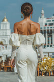 White Puff Sleeves Sweetheart Bridal Jumpsuits with Lace