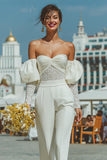 White Puff Sleeves Sweetheart Bridal Jumpsuits with Lace