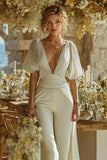 Ivory Short Sleeves Deep V-Neck Bridal Jumpsuits with Cape