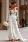 White Appliqued Long Sleeves Bridal Jumpsuits with Cape