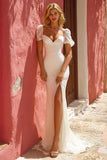 White Mermaid Sweep Train Ruched Wedding Dress with Slit