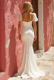 White Mermaid Sweep Train Ruched Wedding Dress with Slit