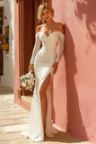 White Mermaid Ruched Off the Shoulder Floor-Length Wedding Dress with Slit