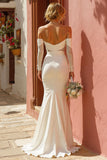 White Mermaid Ruched Off the Shoulder Floor-Length Wedding Dress with Slit