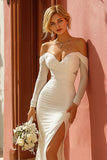 White Mermaid Ruched Off the Shoulder Floor-Length Wedding Dress with Slit