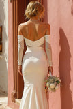 White Mermaid Ruched Off the Shoulder Floor-Length Wedding Dress with Slit