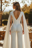 Ivory Fitted Deep V-Neck Bridal Jumpsuits with Cape