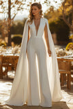 Ivory Fitted Deep V-Neck Bridal Jumpsuits with Cape