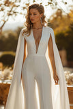 Ivory Fitted Deep V-Neck Bridal Jumpsuits with Cape