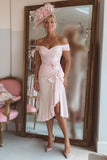 Candy Pink Off the Shoulder Ruffled Midi Mother of the Bride Dress with Slit