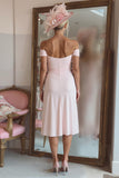 Candy Pink Off the Shoulder Ruffled Midi Mother of the Bride Dress with Slit