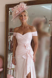 Candy Pink Off the Shoulder Ruffled Midi Mother of the Bride Dress with Slit