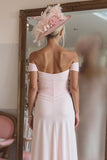 Candy Pink Off the Shoulder Ruffled Midi Mother of the Bride Dress with Slit