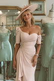 Blush Pink One Shoulder Bodycon Midi Mother of the Bride Dress with Sleeves