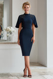Sparkly Navy Beaded Bodycon Midi Mother of the Bride Dress with Sleeves