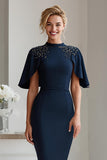 Sparkly Navy Beaded Bodycon Midi Mother of the Bride Dress with Sleeves
